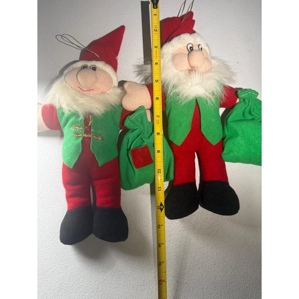Vintage Plush Santa Elf Christmas Ornaments Set of 2 Red Green 12 Inch Holiday